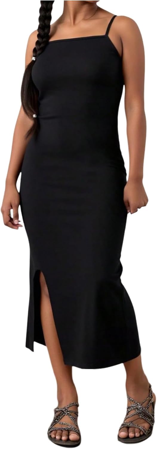 SHENHE Girl's Spaghetti Strap Bodycon Dress Split Thigh Sleeveless Tight Midi Dress