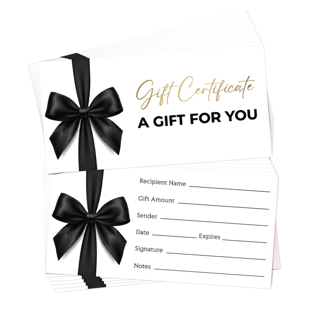 TNKBREEZE 40 Sets Business Blank Gift Certificate for Business Black Bow Double Sided Voucher Cards with Envelopes for Holiday Gifts Client Customers Women Wedding Bridal Shower Coupons 6.63 x 3.3 In