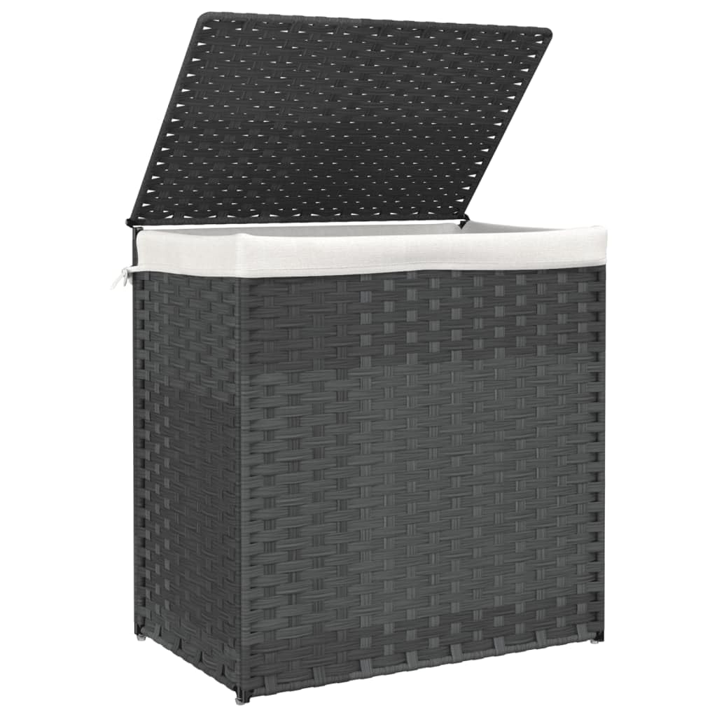 Cesto portabiancheria a 2 scomparti in polyrattan grigio, 53 x 35 x 57 cm, pieghevole con coperchio e maniglia per il trasporto, per biancheria sporca in bagno e lavanderia