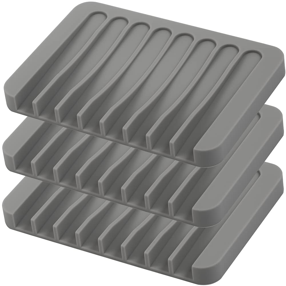 Photo 1 of 3PCS Self Draining Soap Holder, Premium Silicone Soap Dish, Soap Saver for Shower, Bathroom, Kitchen, Bath Tub, Sponges,Keep Soap Bars Dry Clean,Easy Clean,Extend Soap Life (Grey)