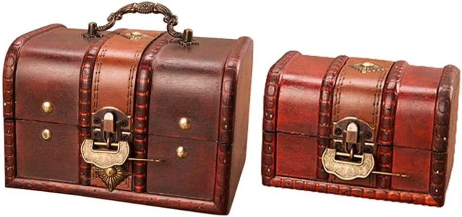 Vintage Wooden Treasure Chest Decorative Storage Box with Metal Lock Home (Color : Wine red, Size : 12x8x8cm)