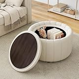 UIXE 30-inch Round Storage Ottoman with Flip Top Tray, Velvet Upholstered Ottoman Coffee Table for Living Room, Modern Circle Footstool for Bedroom Entryway - Beige