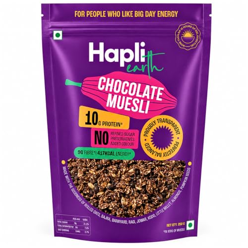 Image of Hapli Earth 6 Millet Chocolate Muesli | 10g Protein, High Fibre | Healthy Breakfast Cereal with Rolled Oats, 6 Millets, Cocoa, Almonds & Pumpkin Seeds | No Refined Sugar, No Preservatives | 250g