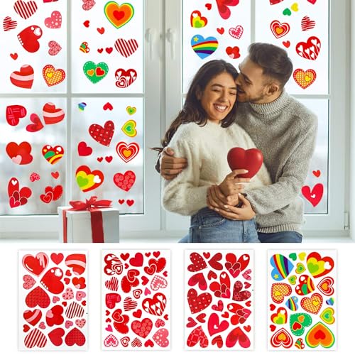 Leesgel 4 Sheets Valentines Day Heart Window Clings, Red Heart Decorations, Reusable Window Stickers