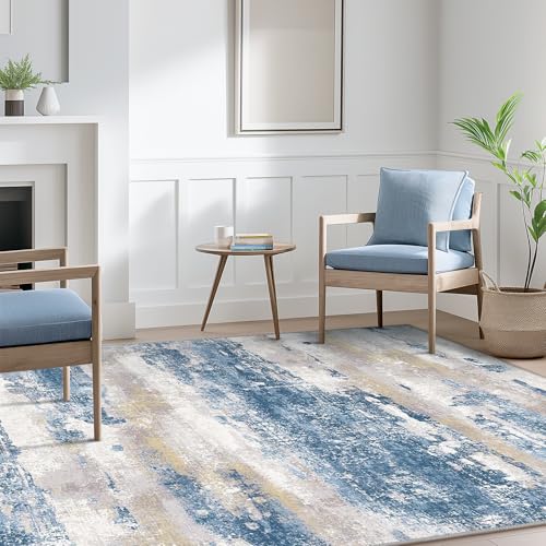 Area Rugs 10x12 for Living Room Bedroom, Modern Abstract Machine Washable Large Blue Cream Rug, Soft Low Pile Floor Carpet with Non Slip Backing for Dining Room