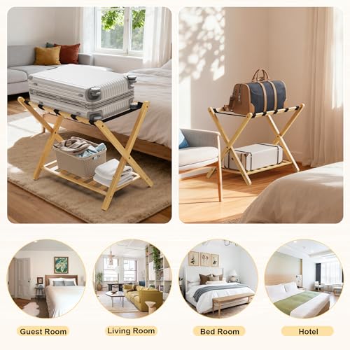 Grow Bou Fully Assembled 26.77" Luggage Stand, Bedroom, Hotel - Natural Bamboo Suitcase Stand, Foldable with 2 Layers - Luggage Racks for Suitcases, up to 165 lbs