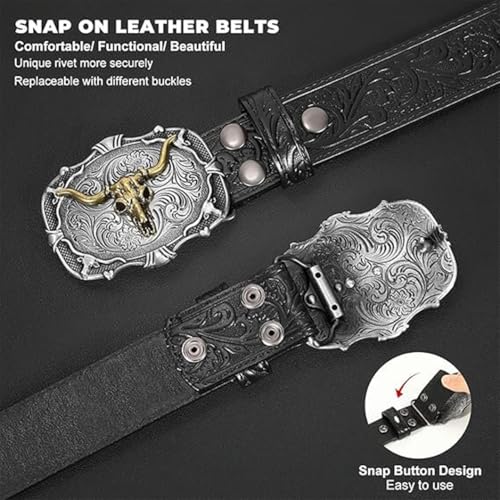 Men's Women's Embossed Western Floral Snap Belt,Stitched Strap with Engraved Gold Longhorn Bull Skull Head Buckle4