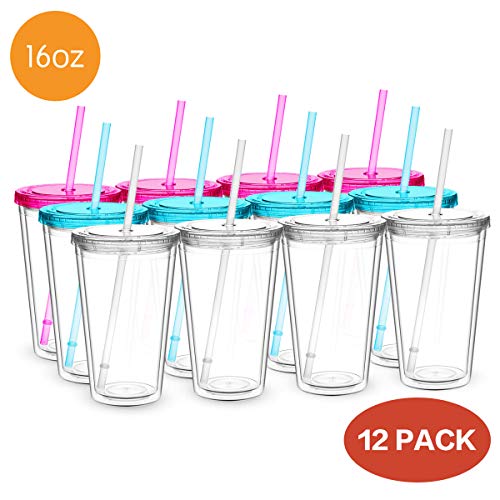 Civago Clear Insulated Acrylic Plastic Tumbler Set with Lid and Reusable Straw, Classic Double Wall Tumbler Cup - 16 oz, 12 Pack Bulk (4 Fuchsia, 4 Blue, 4 Clear) - Thumbnail 2