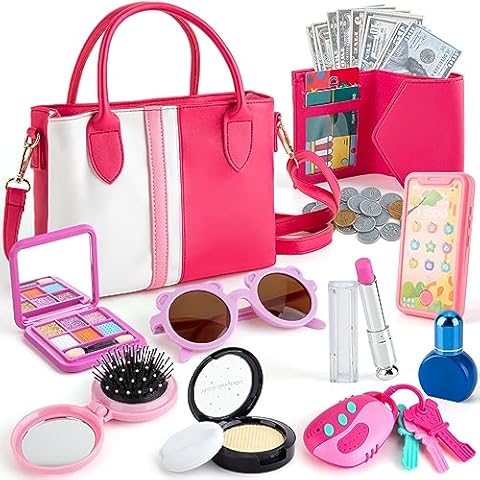 Juboury Play Purse for Little Girls, Pretend Play Accessories with Wallet, Toy Phone, Credit Card, Keys, Princess Pretend Makeup Girl Toys for 3 4 5 6 7 8 Years Old Cover
