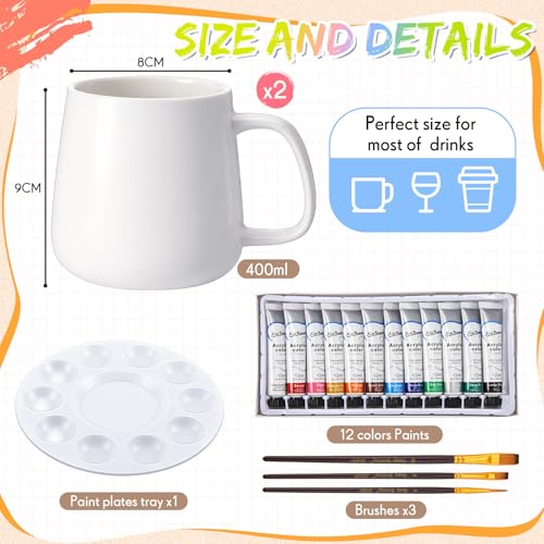 Image of Geiserailie Mug Painting Kit for Adults, Paint Your Own Ceramic Mug DIY Set with 2 Mugs, 12 Acrylic Paints, 3 Brushes & Palette Creative Gift for Graduation Mother's Day Birthday Party(Simple Bulbous)