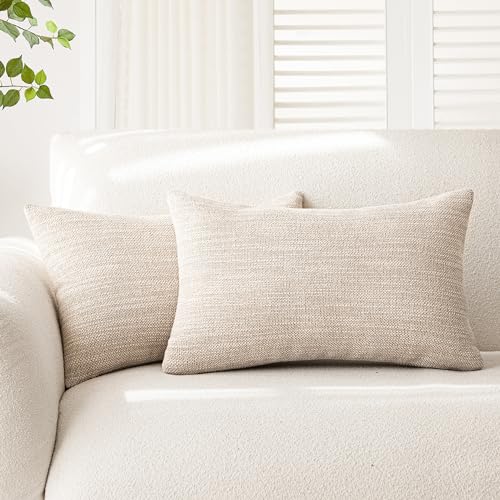 Image of Foindtower Set of 2 Decorative Textured Burlap Linen Throw Pillow Covers Farmhouse Boho Cushion Cover Solid Accent Pillowcase for Couch Sofa Bed Living Room Home Decor, 12x20 Inch,Light Beige
