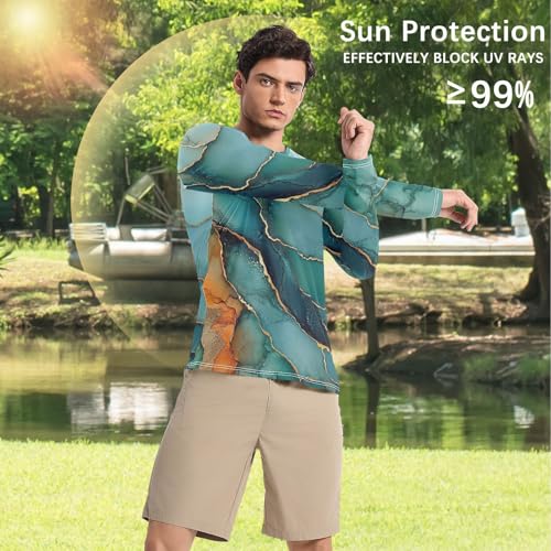 Marble Turquoise Orange UPF 50+ Sun Shirts for Men Loose Type Long Sleeve Long Sleeve Sun Protection UPF 50+ Water Fishing4