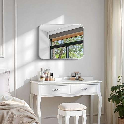 Image of Silver Bathroom Mirror, 18 x 24 Inch Rectangle Mirrors for Wall, Rounded Corner Metal Framed Wall Mounted Mirror for Over Sinks Living Room Bedroom Entryway Hangs Horizontal /Vertical