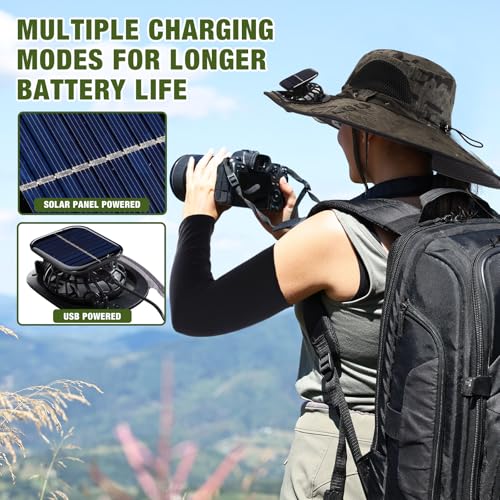 Image of Syhood 2 Set Solar Fan Hats with Neck Gaiters and Arm Sleeves, Wide Brim Fishing Hats for Men Women Outdoor Camping Gardening