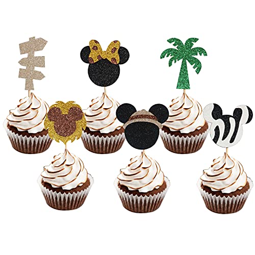 Glitter Mickey Safari Cupcake Toppers Animal Safari Cake Decorations Kid's Birthday Party Baby Shower for Boy & Girl, Pack of 24