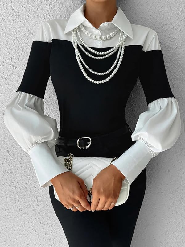 UOOZEE Women's Chic Black White Contrast Long Sleeve Shirt Retro Elegant Office Casual Work Top Semi Formal Ribbed Knit Shirt - Image 4