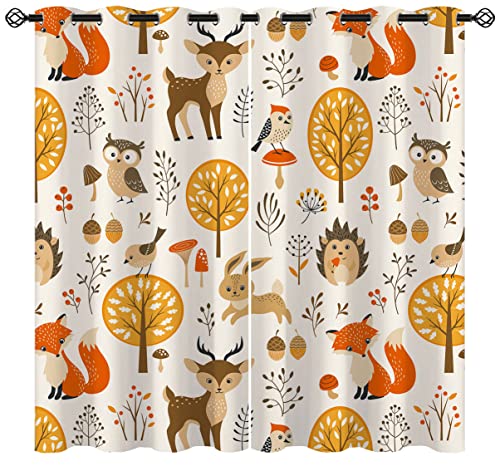 ONINUO Cartoon Animals Blackout Curtains for Girls Boy Home Decor, Cute Woodland Nursery Zoo Deer Grommet Thermal Insulated Drapes Darkening Window Curtain for Bedroom Living Room, 72 x 63 Inch