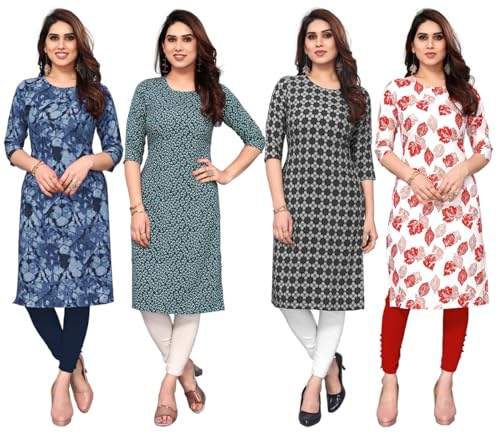 Image of JAKHANA Women's Crepe Printed Casual Straight Calf Length Round Nick Kurta Pack of 4