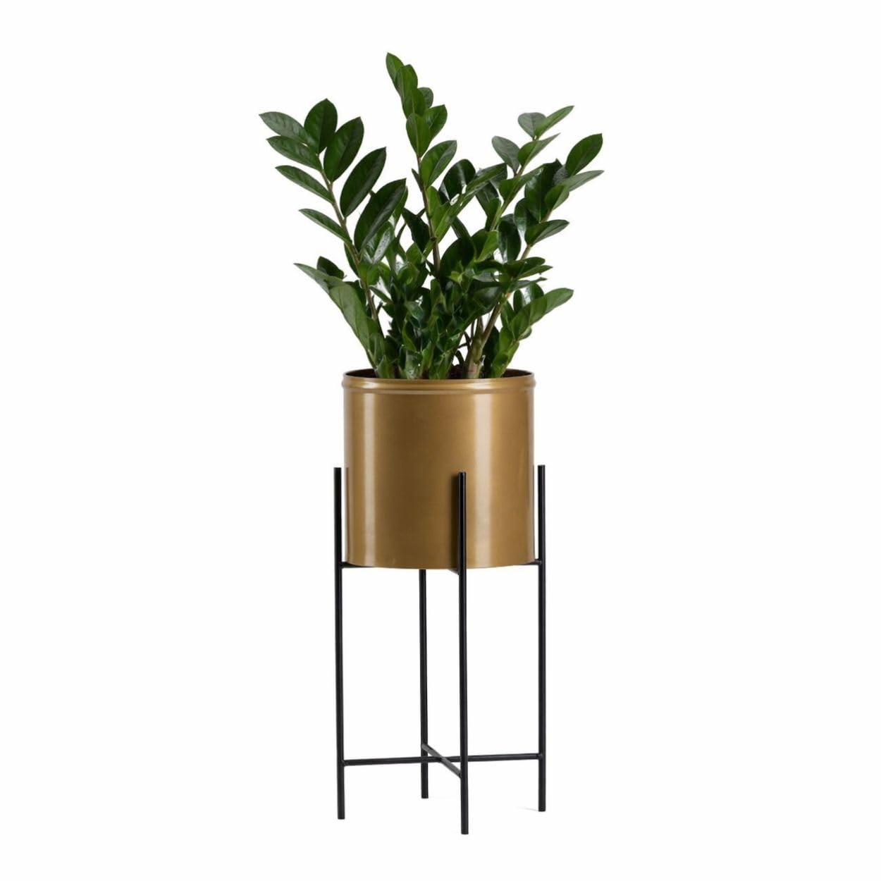 Macetero redondo decorativo negro y dorado con soporte para flores de 55 cm, de metal.