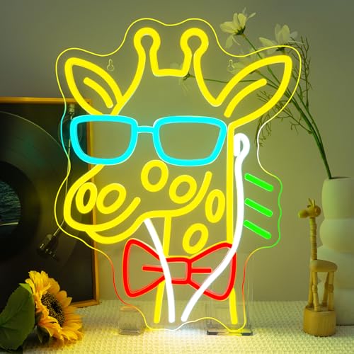 Image of Lucunstar Giraffe Neon Sign Music LED Sign for Wall Giraffe Decor for Bedroom Studio Live House Animal Neon Light Up College Room Music Gifts for Animal Lovers Teens