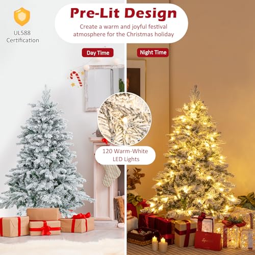 Image of Goplus 4.5ft Pre-Lit Snow Flocked Christmas Tree, Artificial Hinged Xmas Tree with 757 Branch Tips, PE & PVC Mixed Leaves, 120 Warm-White LED Lights, Foldable Metal Base, for Home Office Holiday Decor
