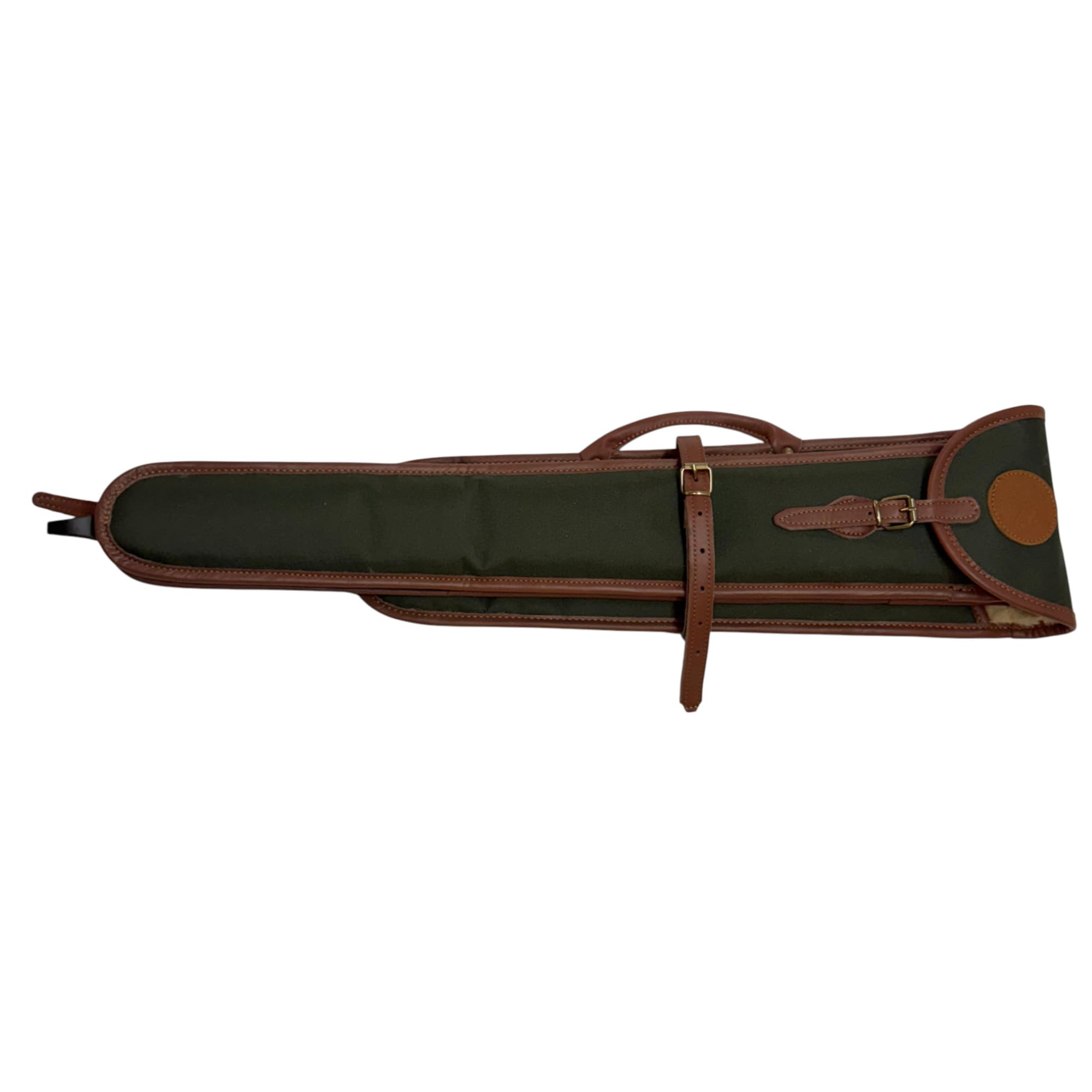 Funda para Escopeta paralela o superpuesta de Caza con Doble Compartimento para cañón Extra, Lona Verde y rivete en Cuero Marrón