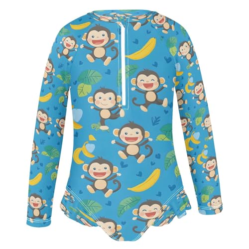 Cute Monkey Banana Tropical Girls Long Sleeve Swimsuits One Piece Zipper Bathing Suit UPF 50+ Rashguard Swimwear2