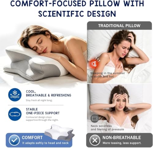 Image of Cervical Neck Pillow for Pain Relief - Ergonomic Memory Foam Pillow for Side Sleeper Contour Orthopedic Bed Pillow for Neck Support with Cooling Cover - Ideal Christmas Birthday Gift for Women Men