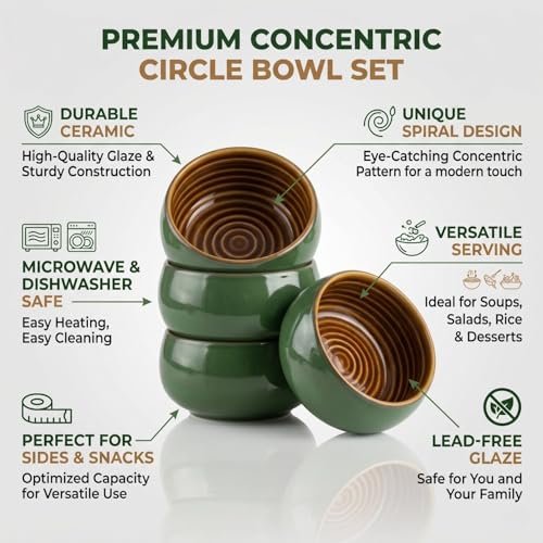 Image of Freakway Ceramic Round Serving Bowls, Green Glaze, Set of 4, 150 ML, Microwave and Dishwasher Safe