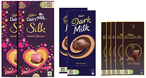 Image of Cadbury Bournville Rich Cocoa Dark Chocolate Bar, 80 gm (Pack of 5) & Dark Milk Chocolate Bar, 156g- Pack of 2 & Dairy Milk Silk Valentine's Heart Blush Bar, 2 X 250 g
