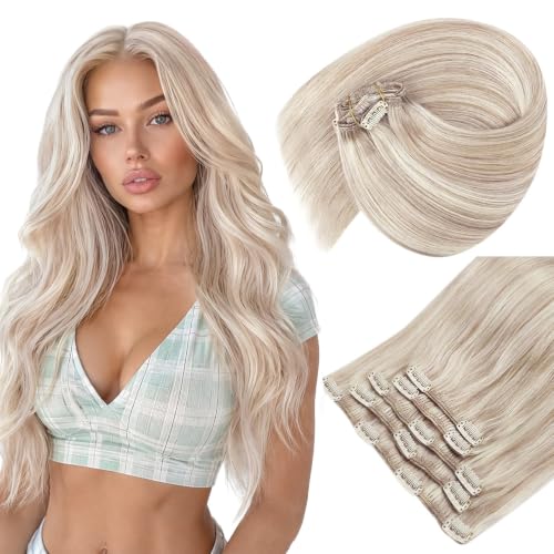 Image of Sunny Hair Clip in Hair Extensions Real Human Hair Blonde Highlights | Short Remy Hair Clip Ins 12 Inch, Soft Layers and Blended Ends, Natural Looking for Quick Daily Styling, Silky Straight 85g