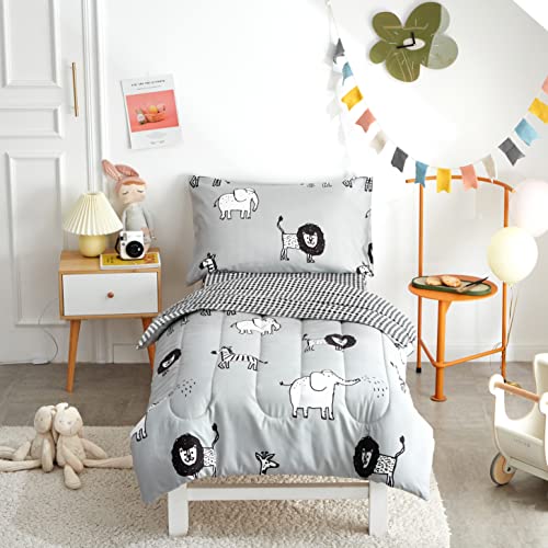Image of Flysheep 4 Piece Gray Grey Toddler Bedding Set with Multi Animals Printed for Baby Boys - Includes Quilted Comforter, Flat Sheet, Fitted Sheet & Pillow Case, Soft & Comfortable Microfiber