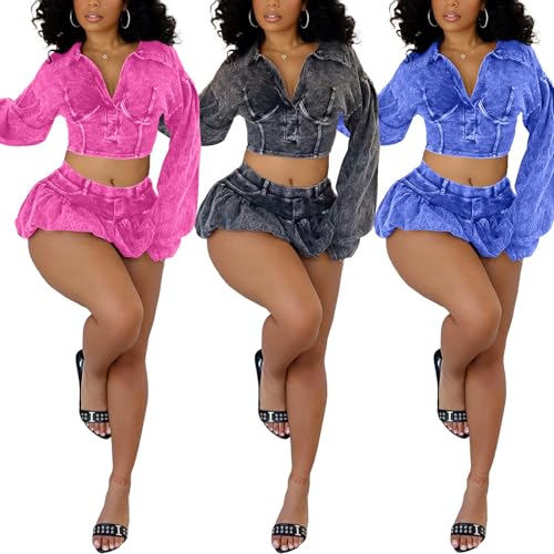 Women's Sexy 2 Piece Outfits V Neck Collared Long Sleeve Crop Tops and Mini Bubble Skirt Sets Y2k Party Clubwear4