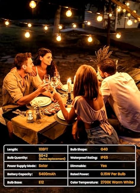 Brightown 108FT Solar String Lights Outdoor with Remote and 52 LED Shatterproof Bulbs, Dimmable & Timable, 3 Light Modes, Solar Patio String Lights Outdoor for Cafe, Garden, Deck, Outside Wedding