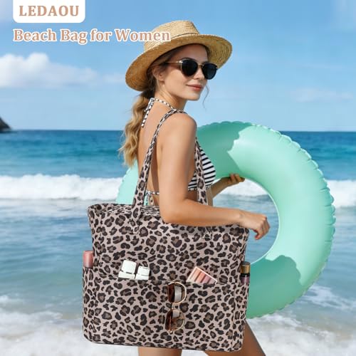 Image of LEDAOU Large Beach Bag Women Waterproof Sandproof Zipper Beach Tote Pool Bag for Swim Gym Grocery Travel with Wet Pocket