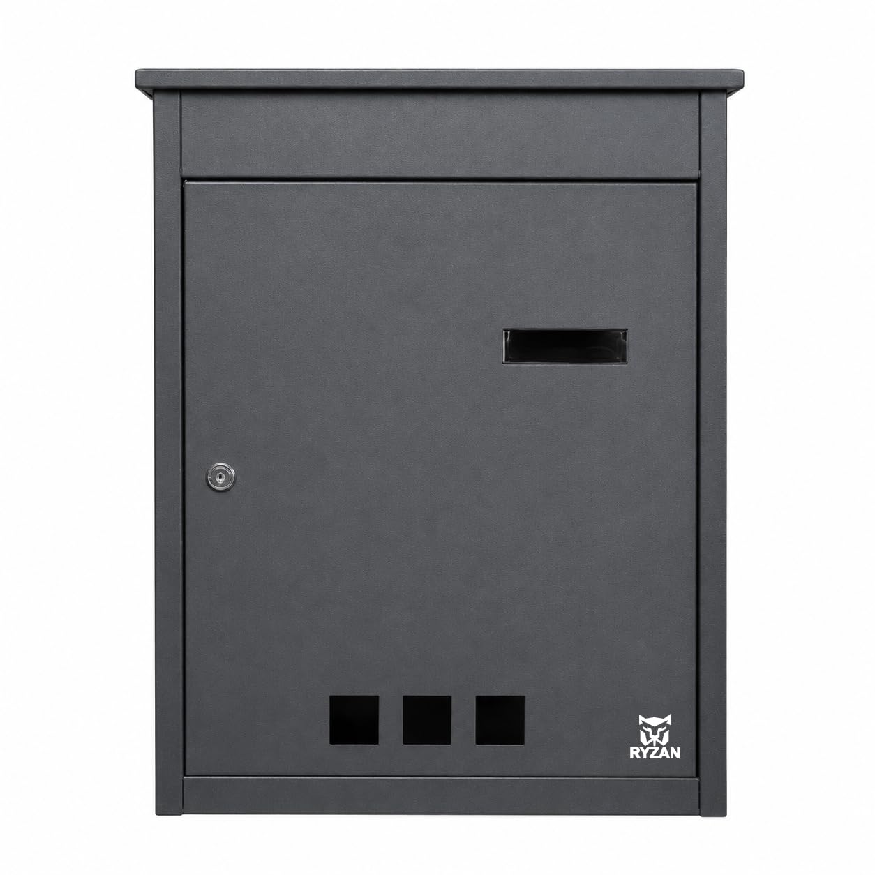 RYZAN Large Parcel Drop Box, Black, Steel, Wall Mount, with Key Lock, Drop Chute and 3 Keys, 58x44x35cm