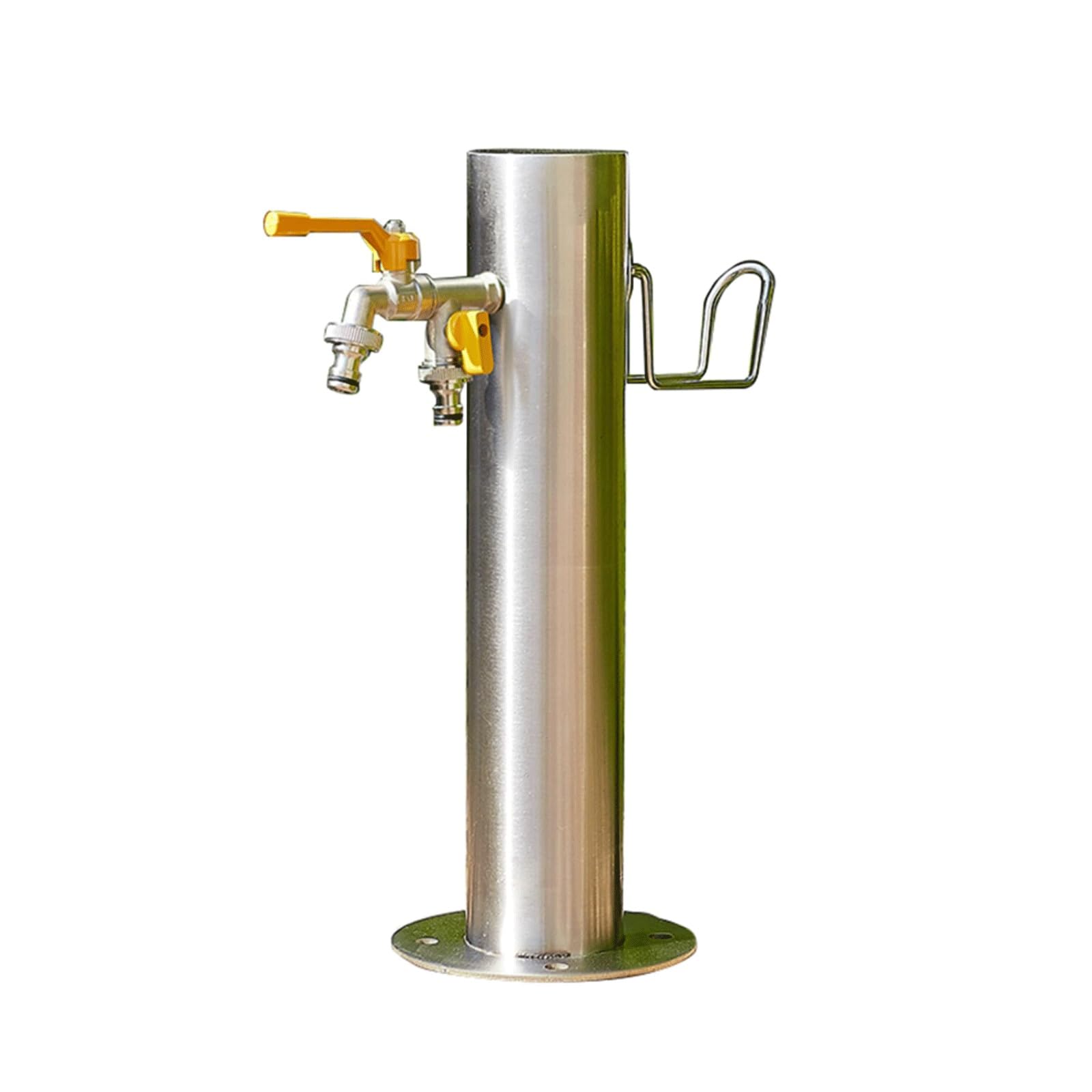 Colonna d'acqua da giardino in acciaio inossidabile argentato, idrante cilindrico verticale da pavimento con rubinetto a doppia bocca, rubinetto antigelo indipendente(50x20.5cm)