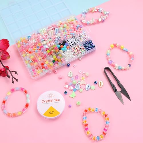 Image of ambitieux DIY Bracelet Making Kit - 24 Colorful Beads, 10m Elastic Thread, Jute Bag, and Cutter - Gift for Girls Birthdays (Double Multicolor 2)
