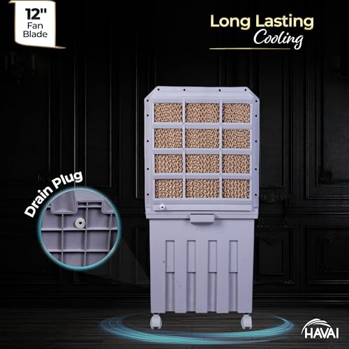 Image of HAVAI Breeze-12 Personal Air Cooler | 50L Tank | 12″ Blade | Ideal for 100 sq ft Rooms | 98W Power | 8 ft Air Throw | 2600 RPM | Auto-Louver | 3-Speed | 1-Year On-Site Warranty (Grey)