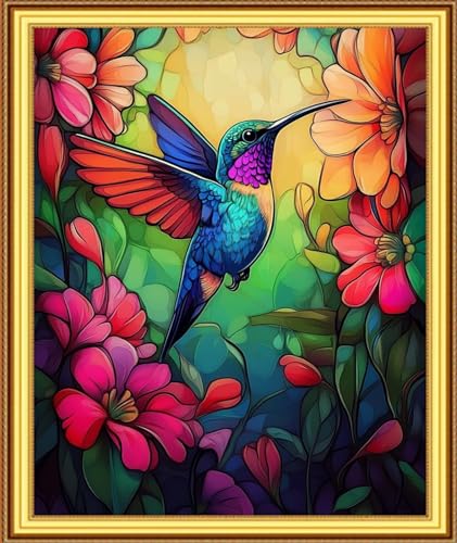 Image of Foxnyart Stamped Cross Stitch Kits Full Range of Embroidery Needlework Starter Kits for Beginners Adults 11CT Embroidery Patterns Art Crafts DIY Needlepoint Kit-Colorful Flower Hummingbird 16x20 inch