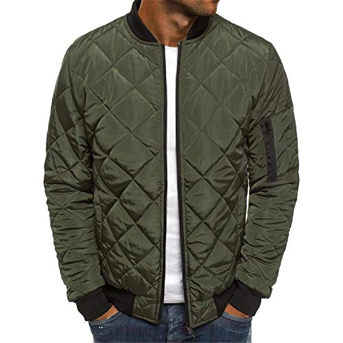 Mens Bomber Quilted Jackets Diamond Winter Chunky Varsity Flight Windproof Padded Coat Overcoat (Army Green,X-Large)