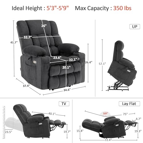 MCombo Dual Motor Power Lift Recliner Chair with Massage and Heat for Elderly People, Infinite Position, USB Ports, Cup Holders, Fabric 7890 (Medium, Dark Gray) - Image 4