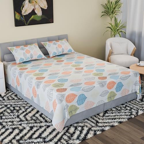 Image of Kuber Industries Cotton 220 TC Double Bedsheet With 2 Pillow Covers | Machine Washable Soft Bedsheet For Living Room, Home & Hotels | Leaf Print - Peach