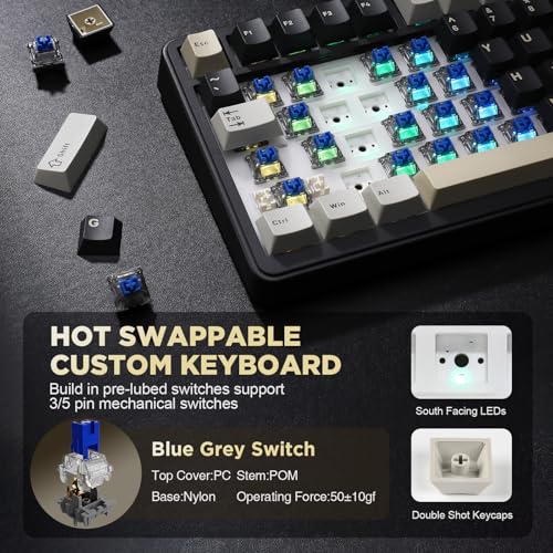Image of YUNZII B75 Mechanical Keyboard,75% Hot Swappable Keyboard with Knob,RGB Gasket Gaming Keyboard with Double-Shot PBT Keycaps,Cherry Profile for Win /MAC (Black, Blue Grey Tactile Switch)