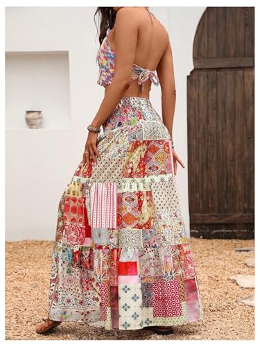 Verdusa Women's Boho Printed Ruffle Skirt Elastic High Waisted A Line Flowy Long Skirts2