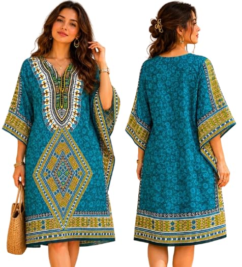 Women's Cotton Floral Kaftan Dress with Dashiki Style V-Neck Print | Loose Fit Boho Summer Tunic Dress (Designs May Vary)-image-6