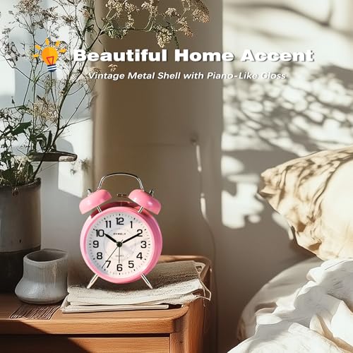 Image of AYRELY Super Loud Alarm Clock for Heavy Sleepers Adults,Twin Bell Retro 4 Inch Silent Non-Ticking Quartz with Backlight, Metal dial, Alarm Clocks for Bedrooms Bedside (Pink)