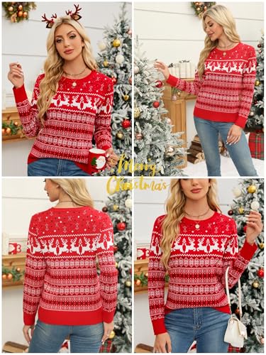 Image of Women's Christmas Sweater,Crew Neck Long Sleeve Soft Warm Winter Snowflake Reindeer Xmas Pullover Tops