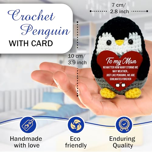 Image of Valentines Day Gifts for Him - to My Man Penguin Gift - Handmade Crochet Penguin with Heart, Romantic Gift for Boyfriend or Husband, Cute Soulmate Keepsake
