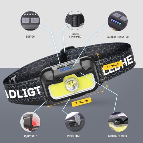 Headlamp Rechargeable 2 Pack, 1300 Lumen Ultra-Bright Head Lamp with Red Light, Waterproof Motion Sensor Head Lights for Forehead with White Green, 14 Modes Adjustable Headlight for Camping - Image 6